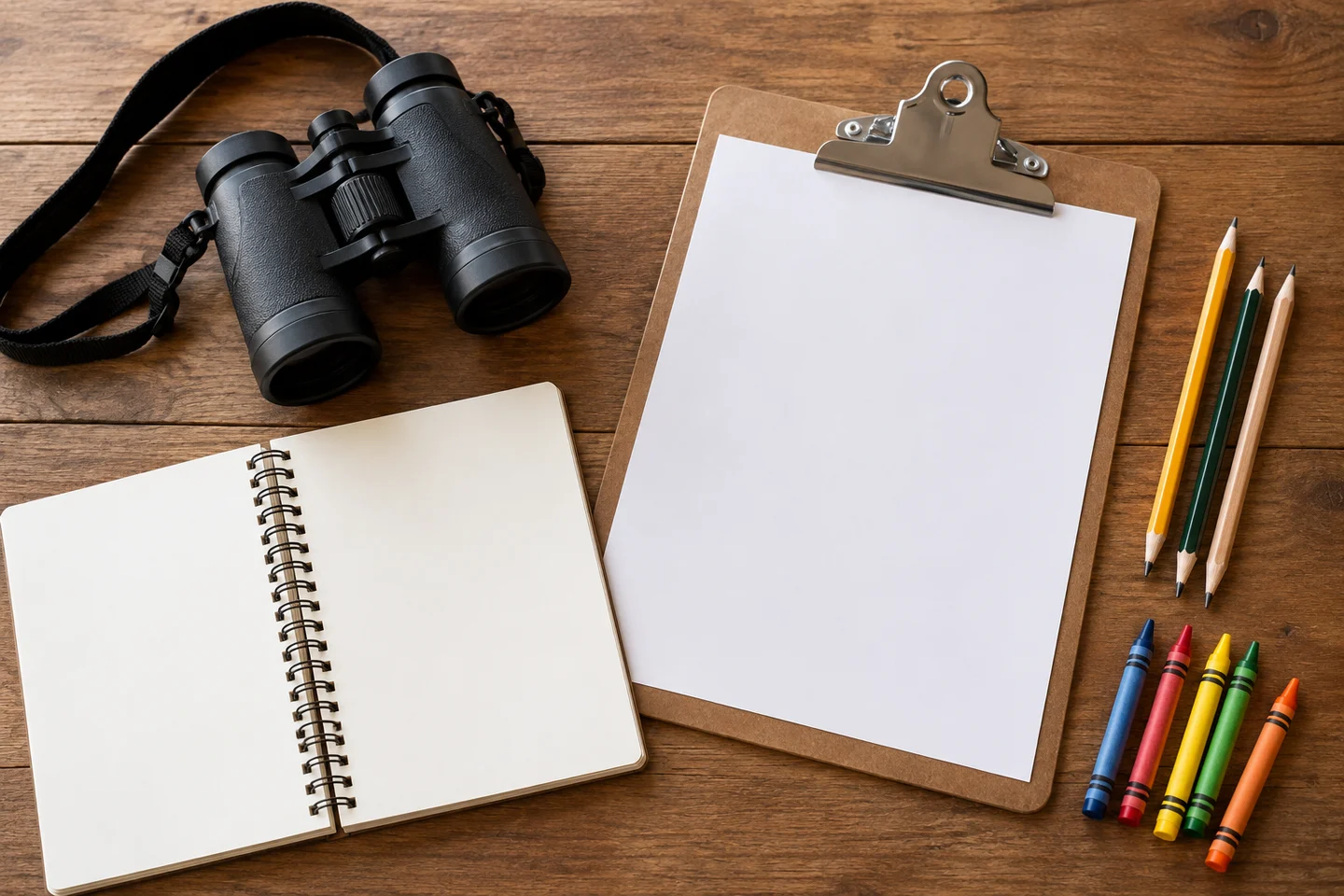 A paper journal, pencil, crayons, clipboard and optional binoculars.