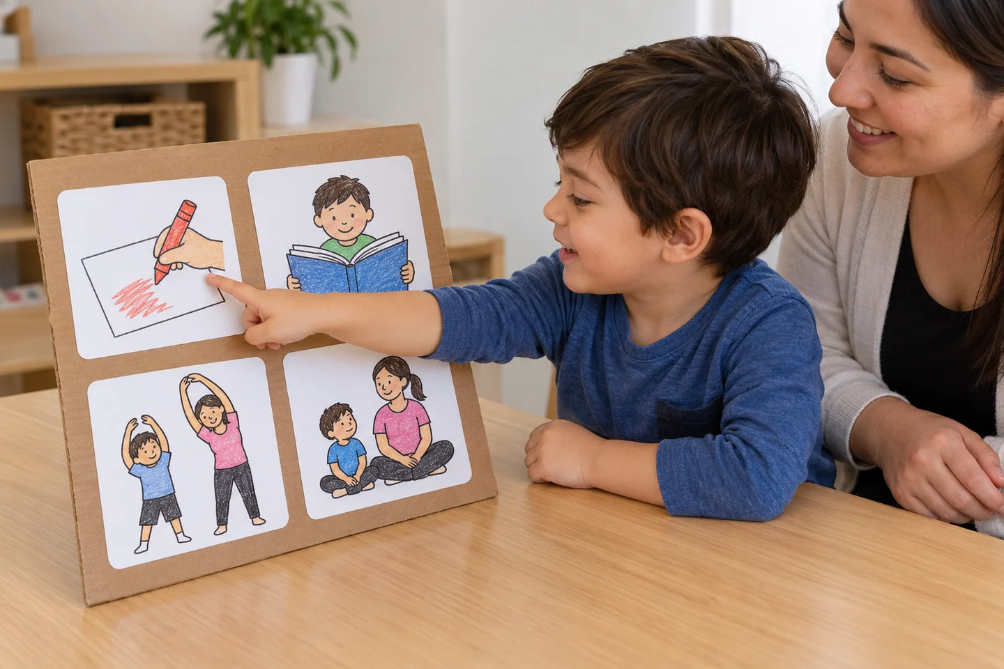A picture board offering drawing, reading, stretching together and sitting with an adult.
