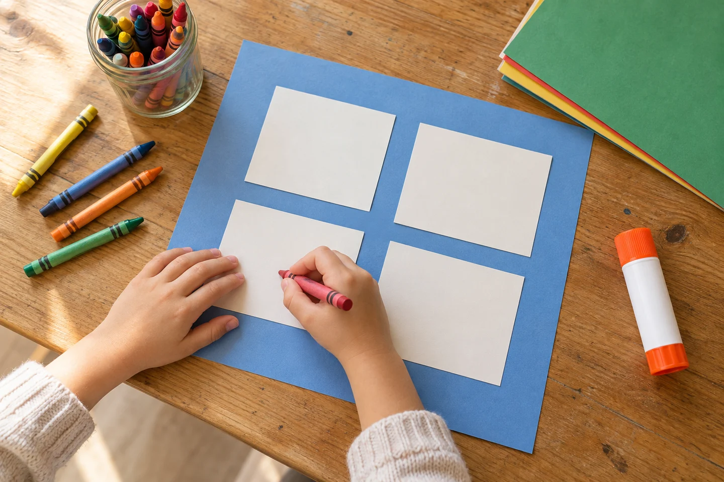 A cardboard base, large picture cards, crayons and glue for a choices board.
