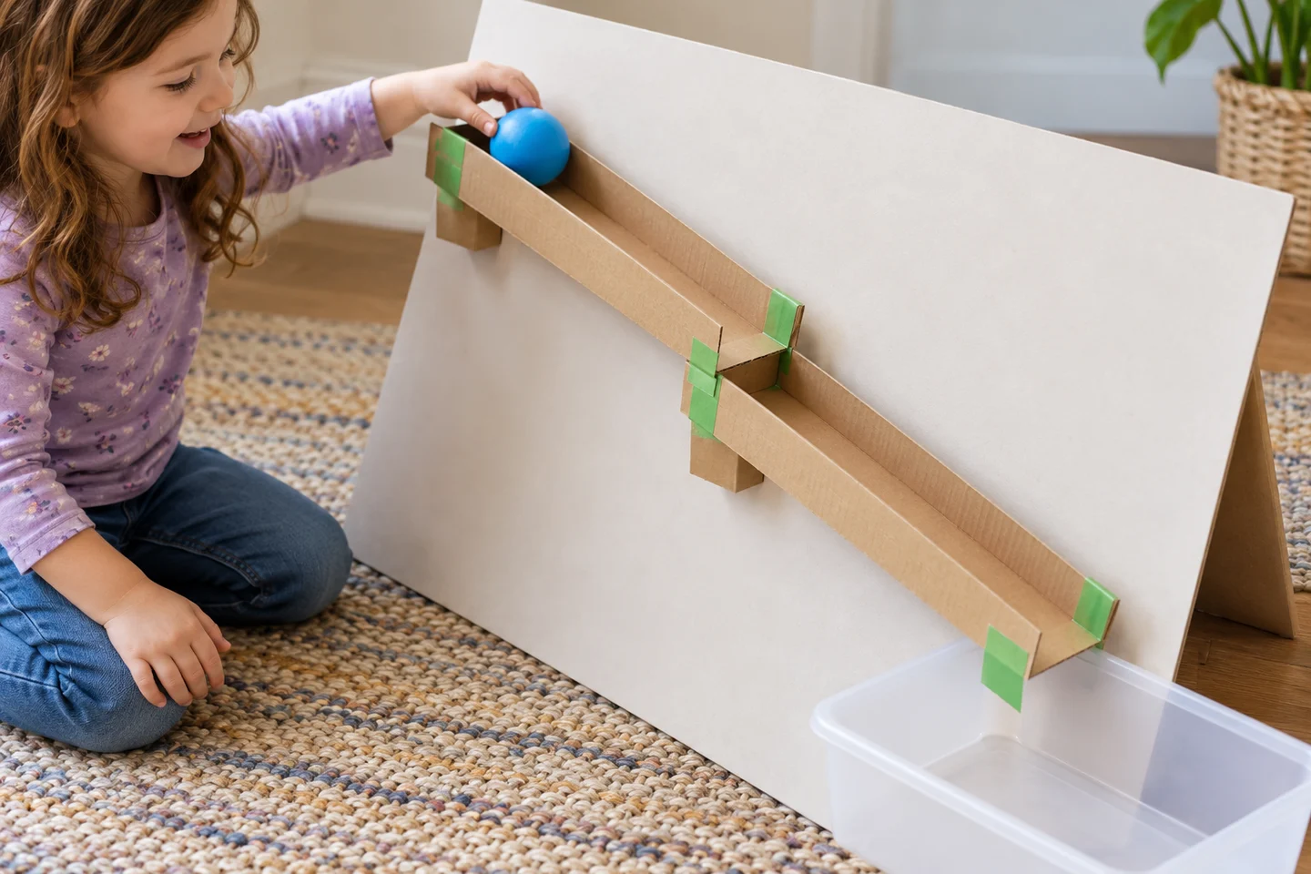 A short cardboard ball track on a supported backing with a catch tray below.