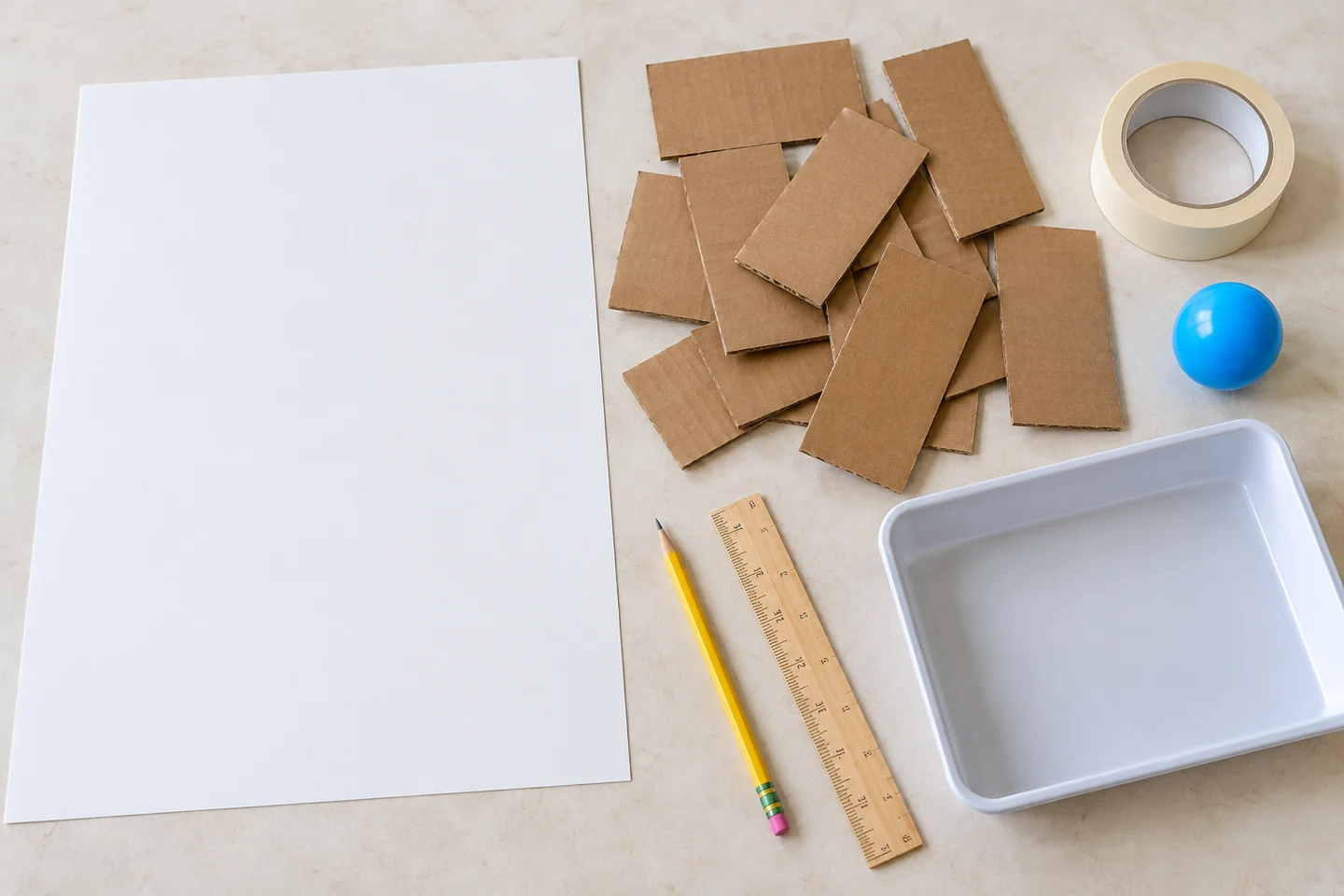 Unassembled cardboard pieces, backing, tape, a ball and a catch tray.