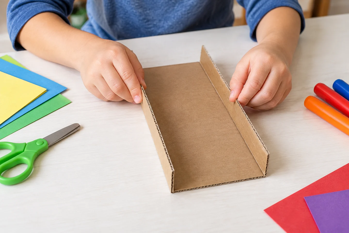 Fold the long side walls upward to make an open cardboard channel.