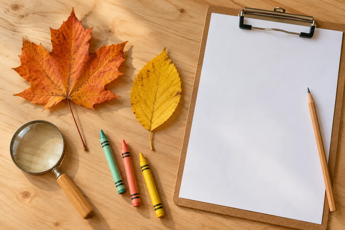 Two autumn leaves, blank paper, pencil, crayons and a magnifying glass.