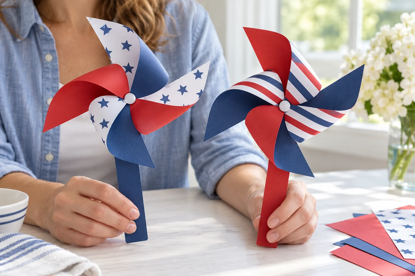 Red, white and blue handmade paper pinwheels with curved blades and cardboard handles.
