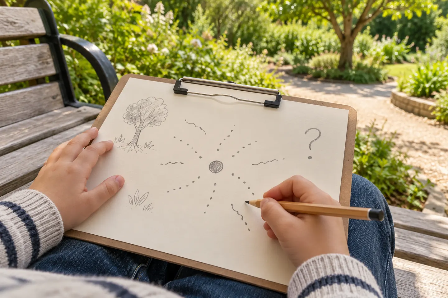 A child adds marks to a sound map while seated outside.