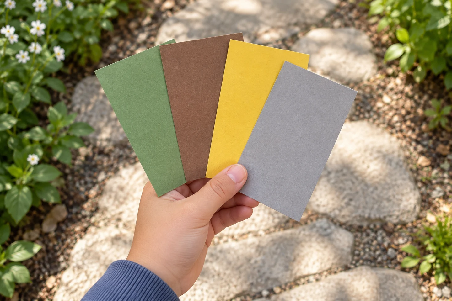 Paper color swatches held beside an outdoor garden scene.