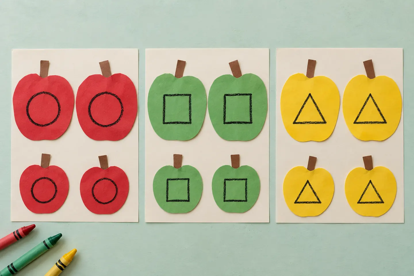 Twelve paper apples sorted into red, green, and yellow groups.