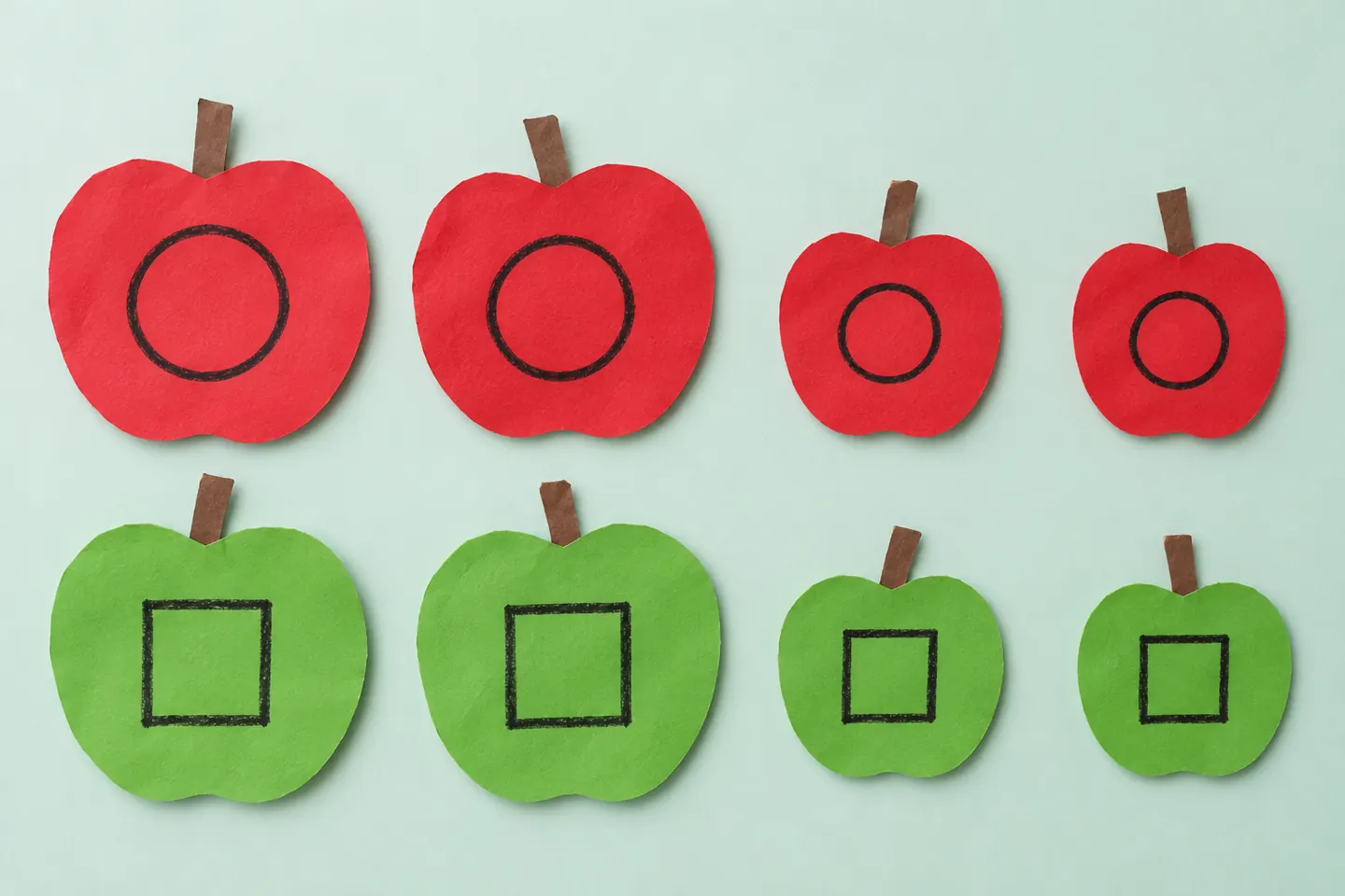Four red apples paired with four green apples in aligned rows.