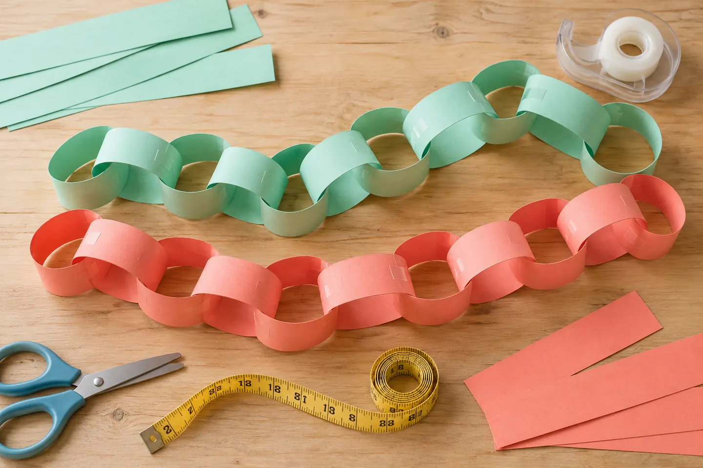 Mint and coral paper chains ready for a measuring challenge.