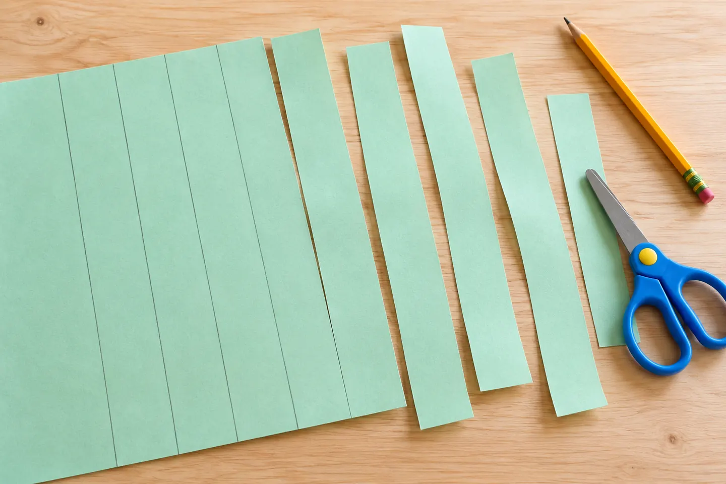 Cutting broad parallel strips from a paper sheet.