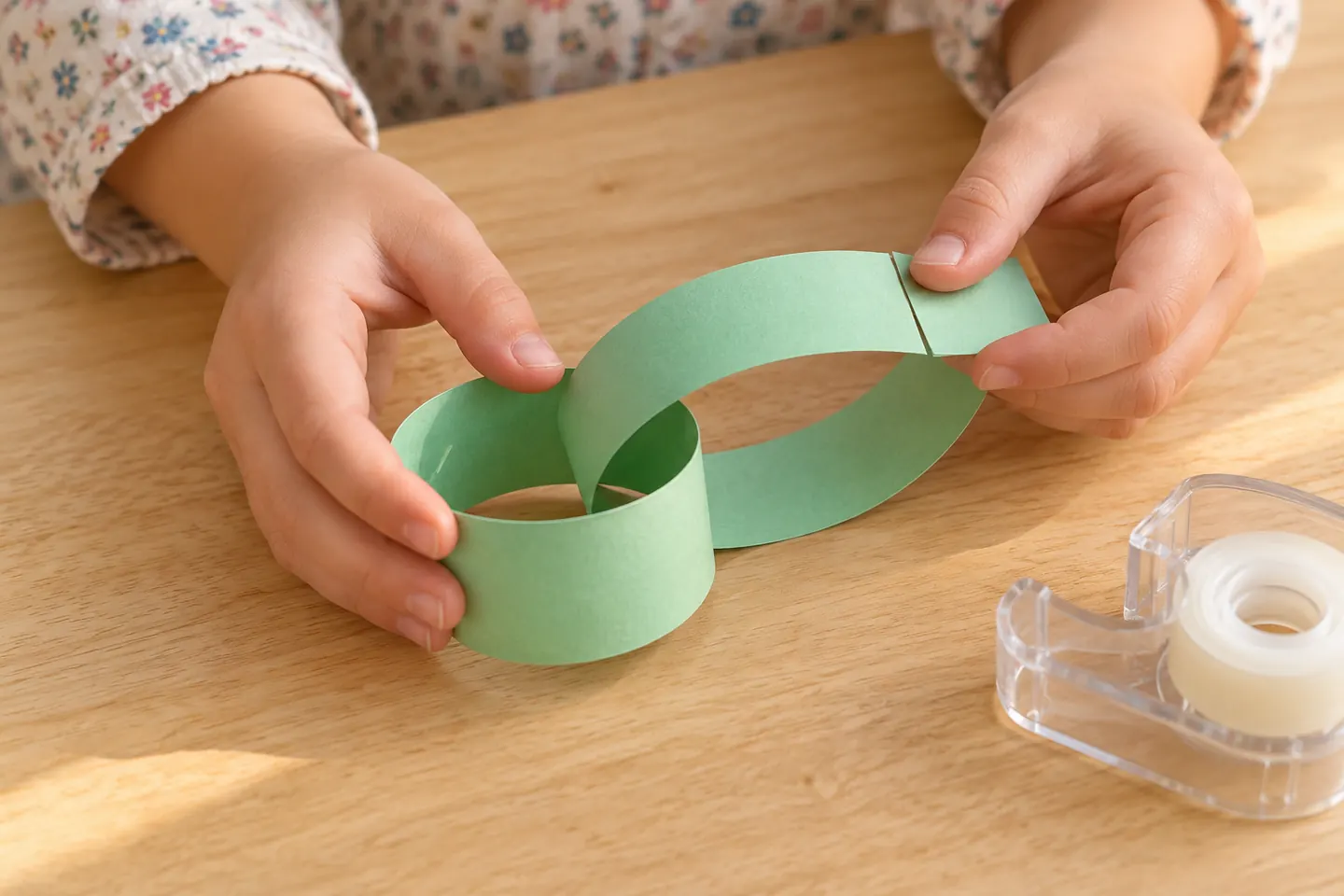 Threading a new paper strip through the previous chain link.