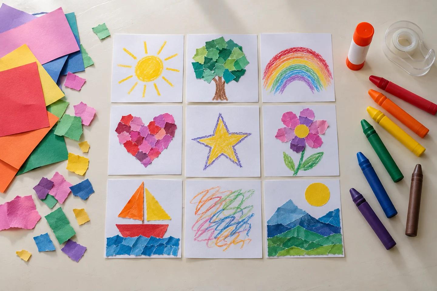 Paper squares, crayons, collage scraps, glue and tape, with sample decorated squares.