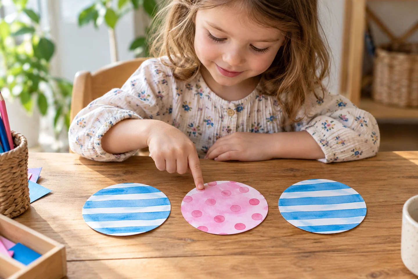 Choose a picture order showing two striped scoops and one dotted scoop.