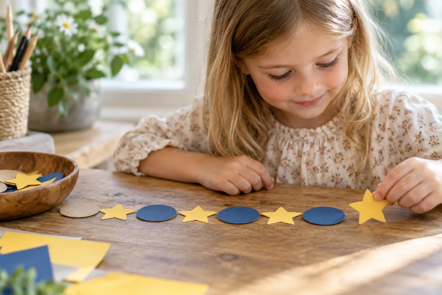 Repeat star, circle, star, circle, and continue the same two-piece unit.
