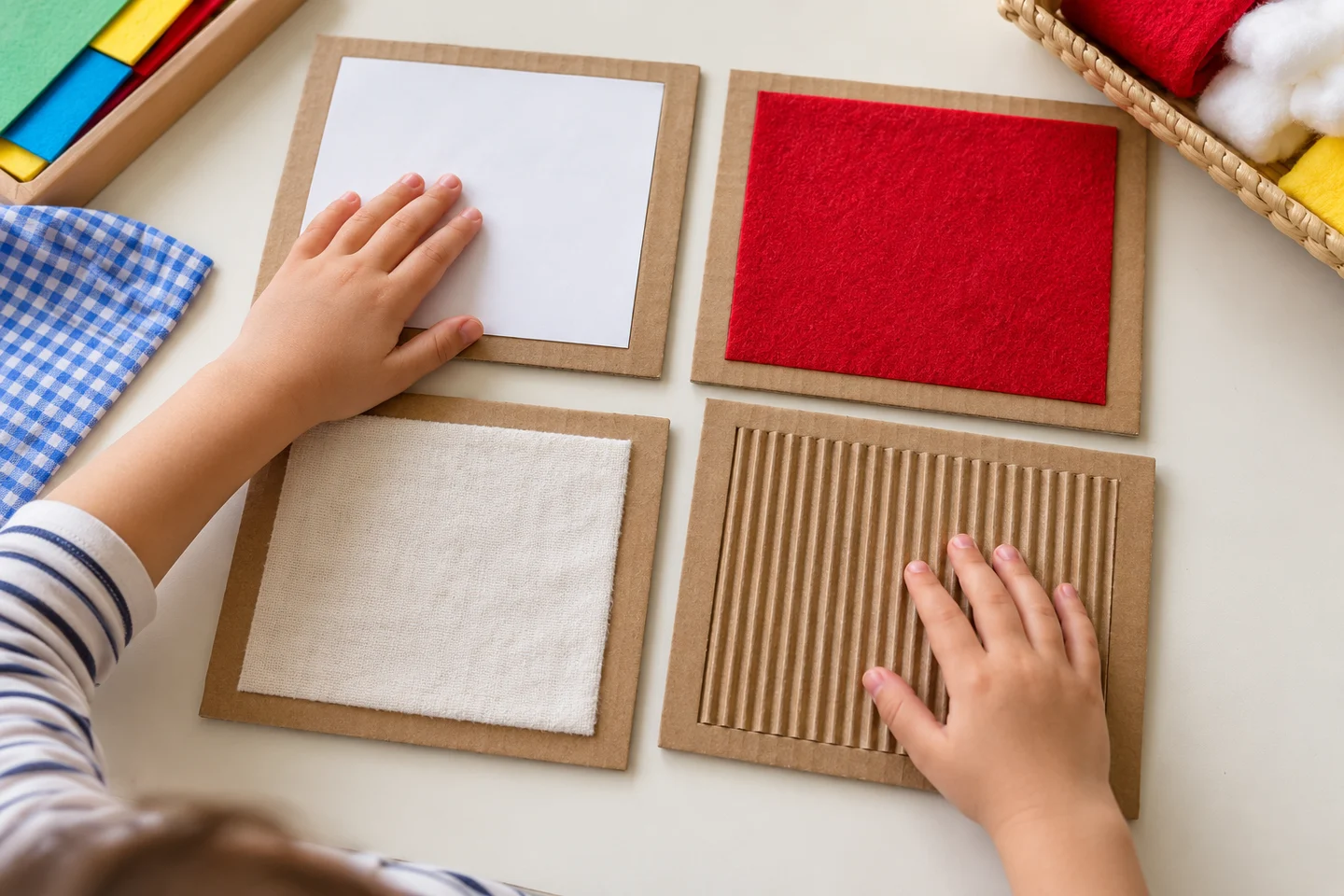 Four large cardboard cards with securely attached paper and fabric textures.