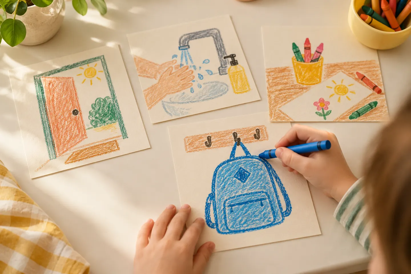 A child draws a bold picture of a bag on a hook.