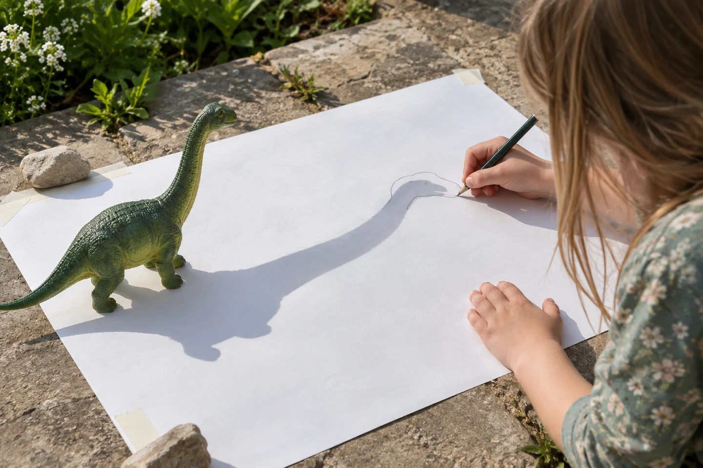 A child tracing the shadow of a large toy dinosaur on secured drawing paper.