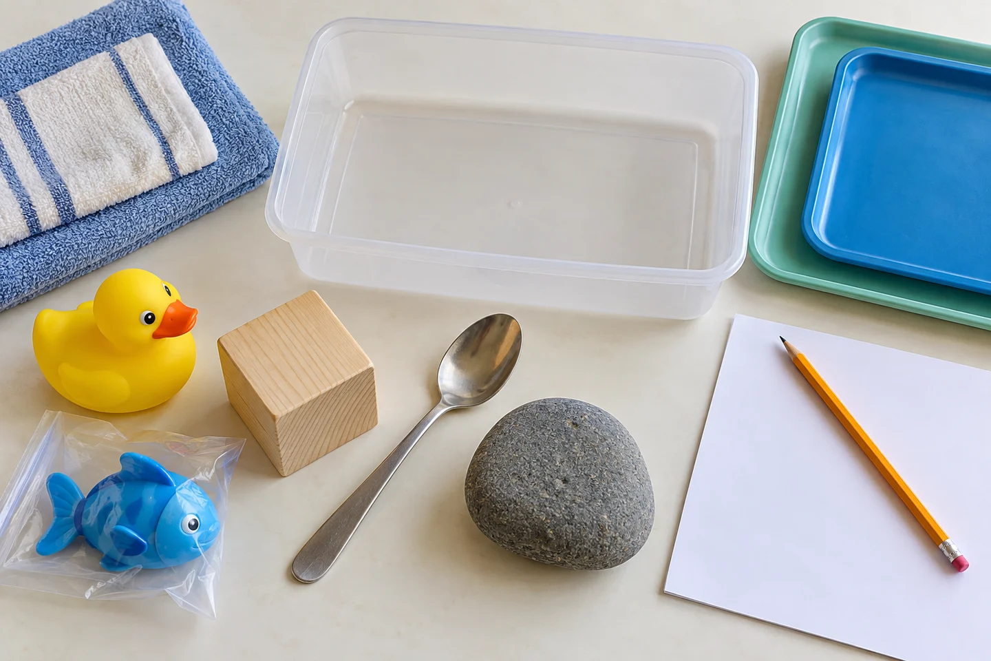 A water container, large water-safe test objects, towels, trays and recording materials.