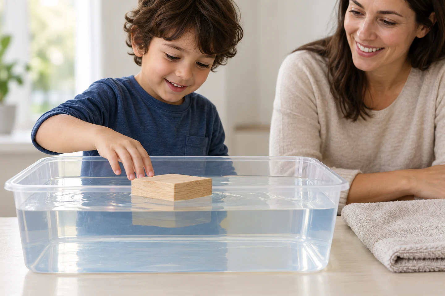 Release the wooden block gently without pushing it beneath the water.