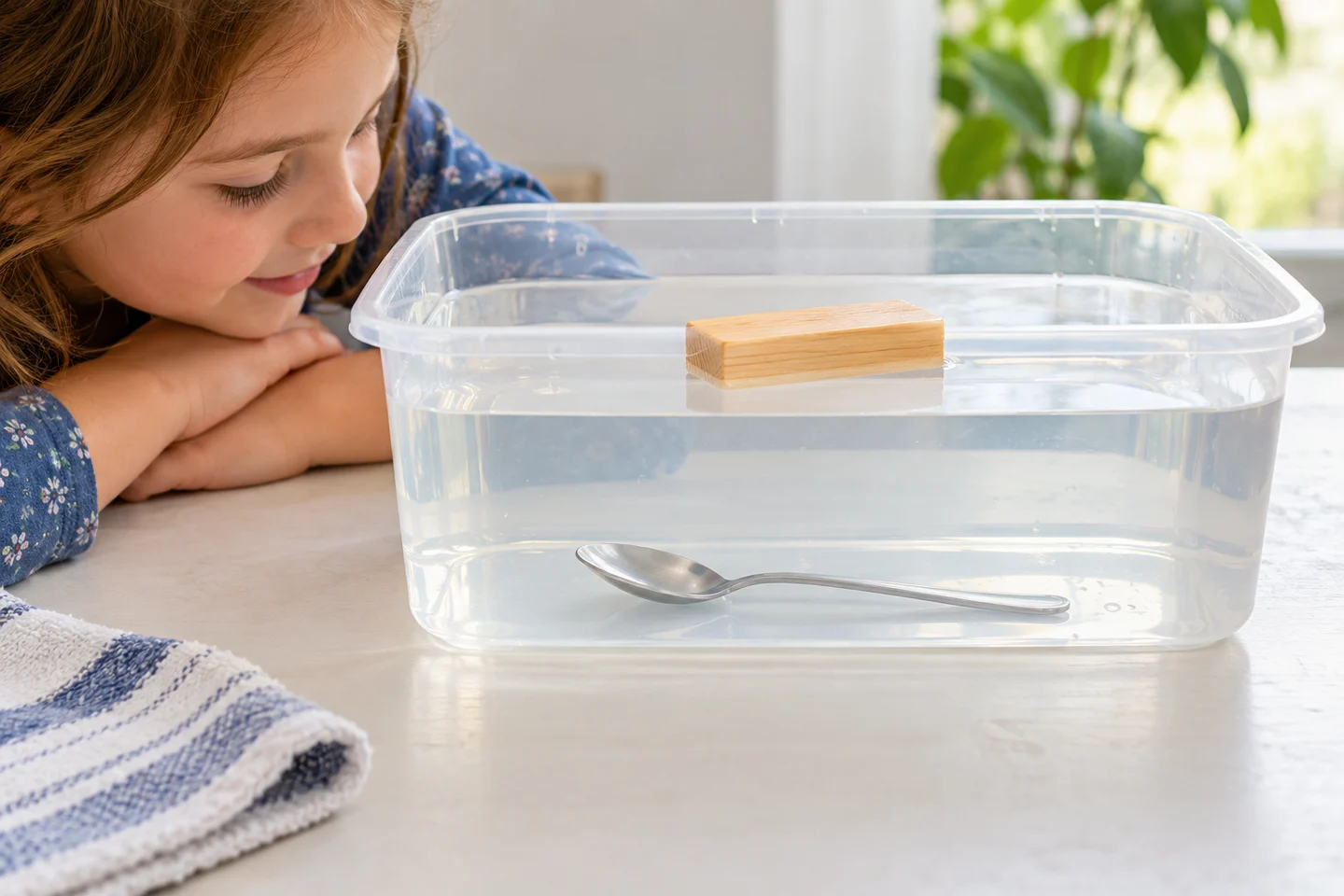 Observe the floating block and the spoon resting below the surface.