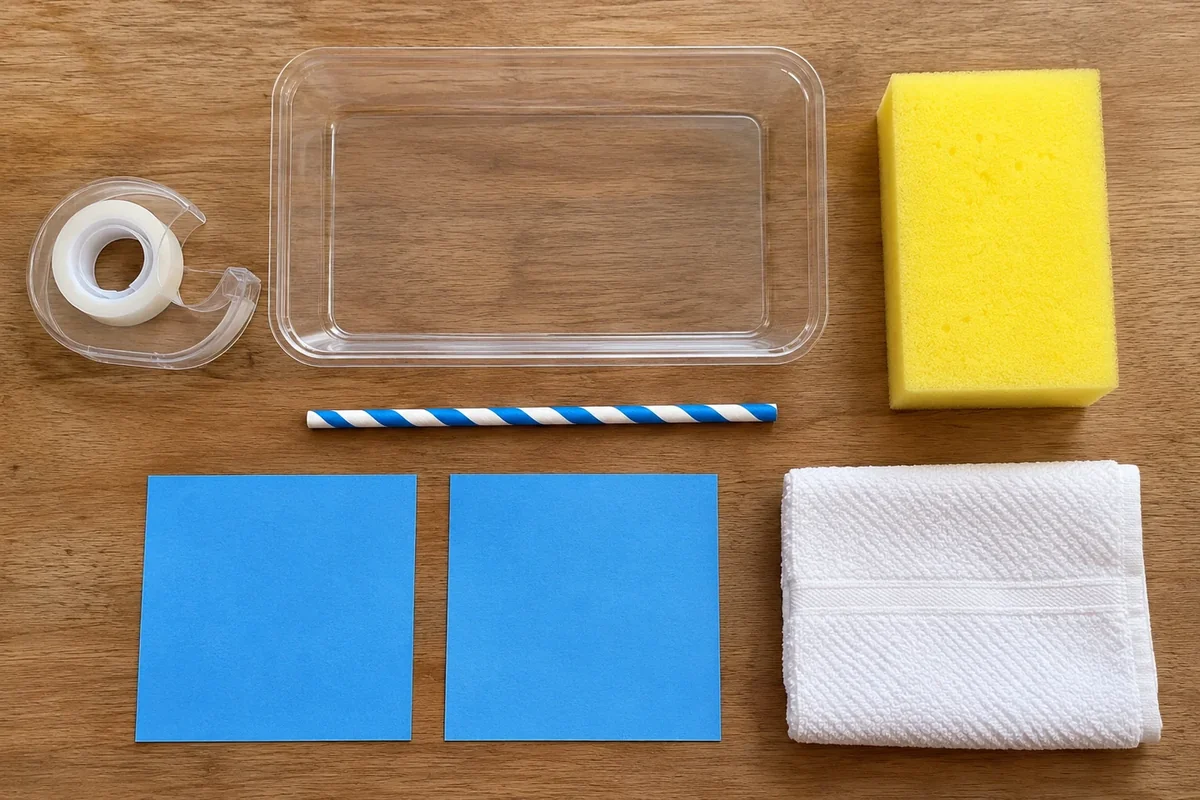 A clean sponge, blunt paper straw, paper sails, tape, shallow tray and towel.