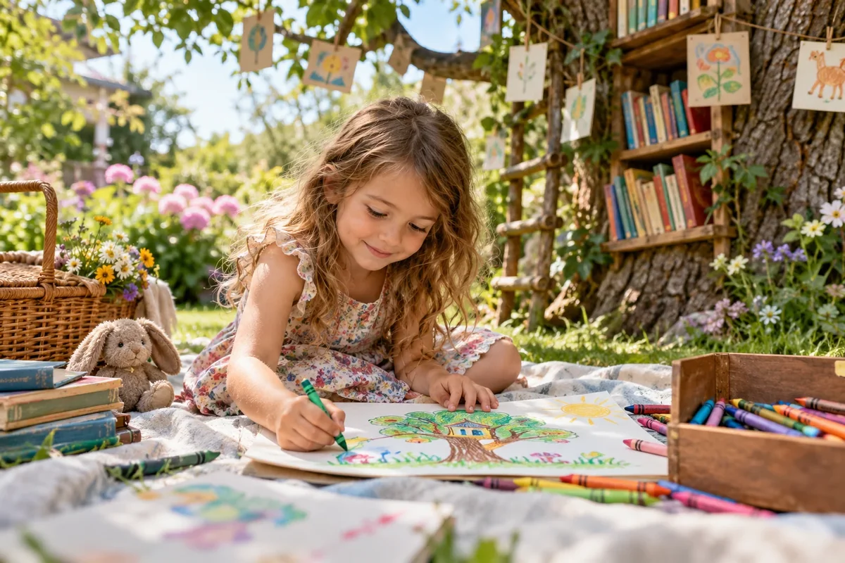 A child drawing an imaginative summer scene for a handmade postcard.