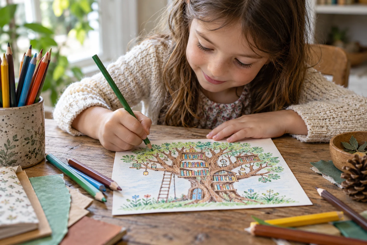 Illustrate one moment or imaginative scene on the postcard front.
