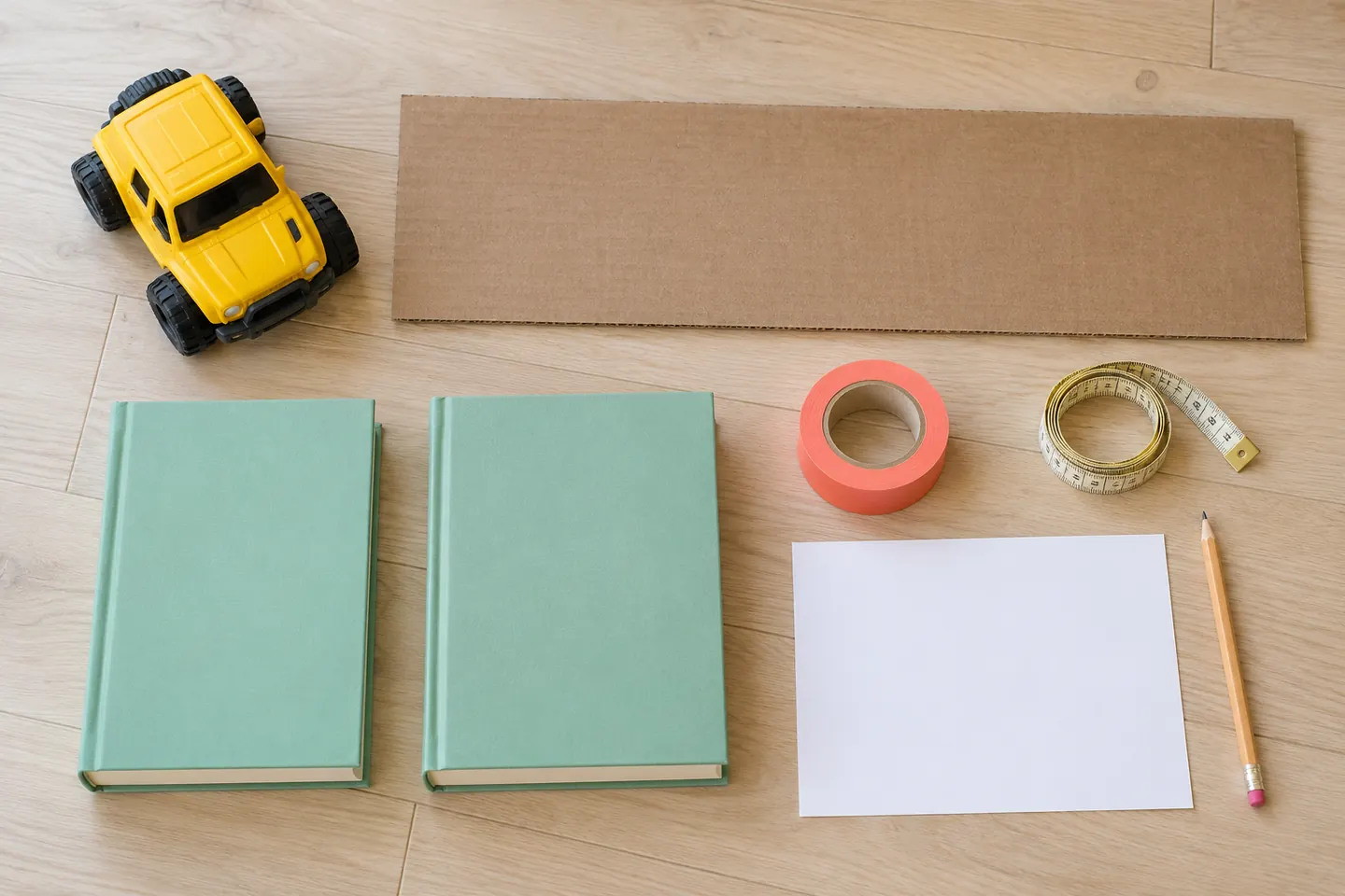 Toy car, cardboard, two broad books, tape, measuring tape and blank recording paper.