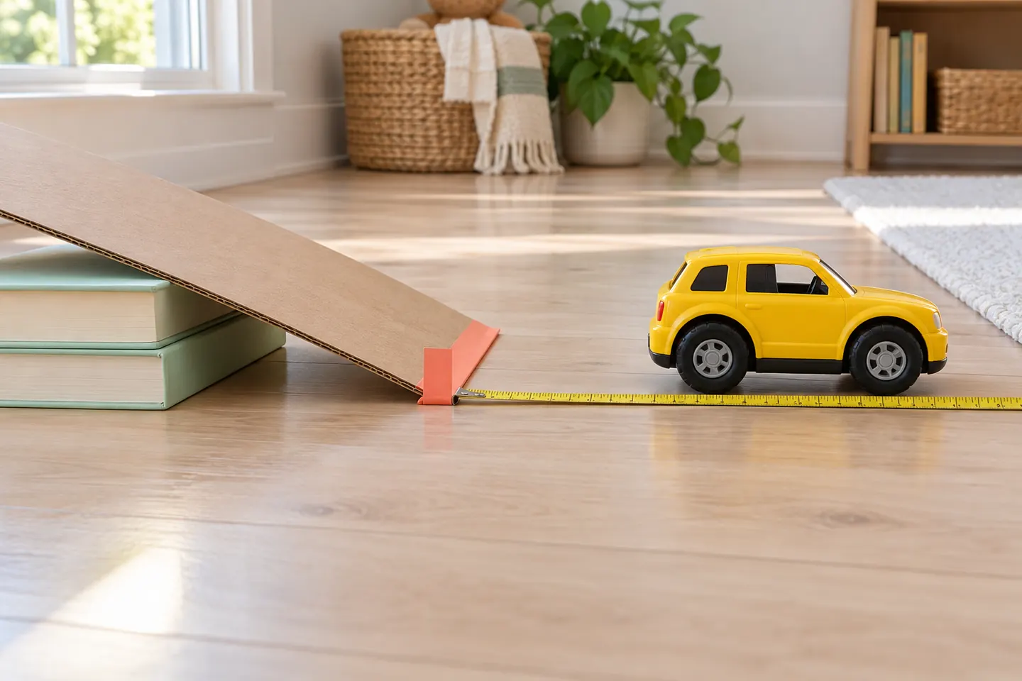 Car beyond the ramp with a measuring tape starting at the ramp’s lower edge.