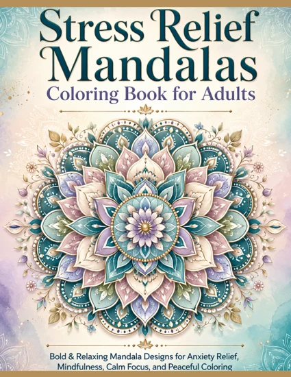 Front cover of Stress Relief Mandalas Coloring Book for Adults