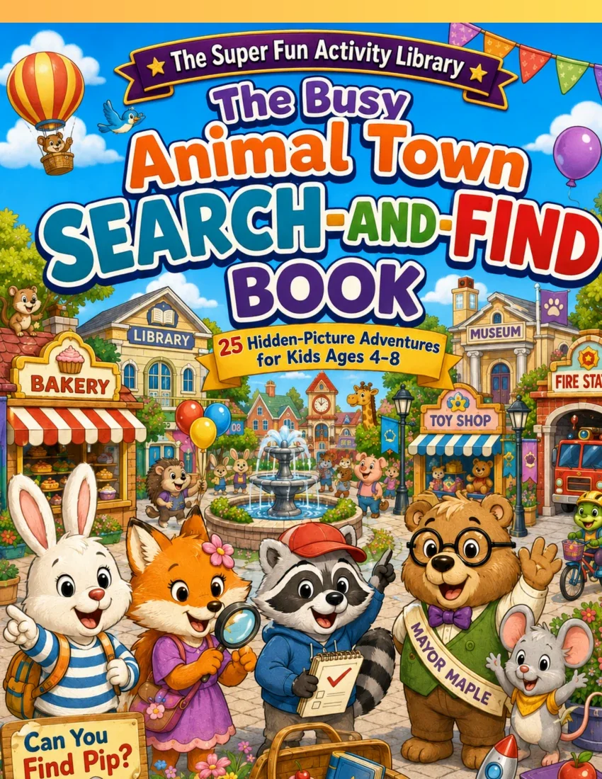 Front cover of The Busy Animal Town Search-and-Find Book