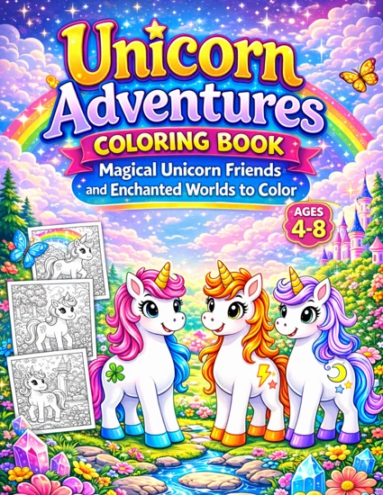 Front cover of Unicorn Adventures Coloring Book