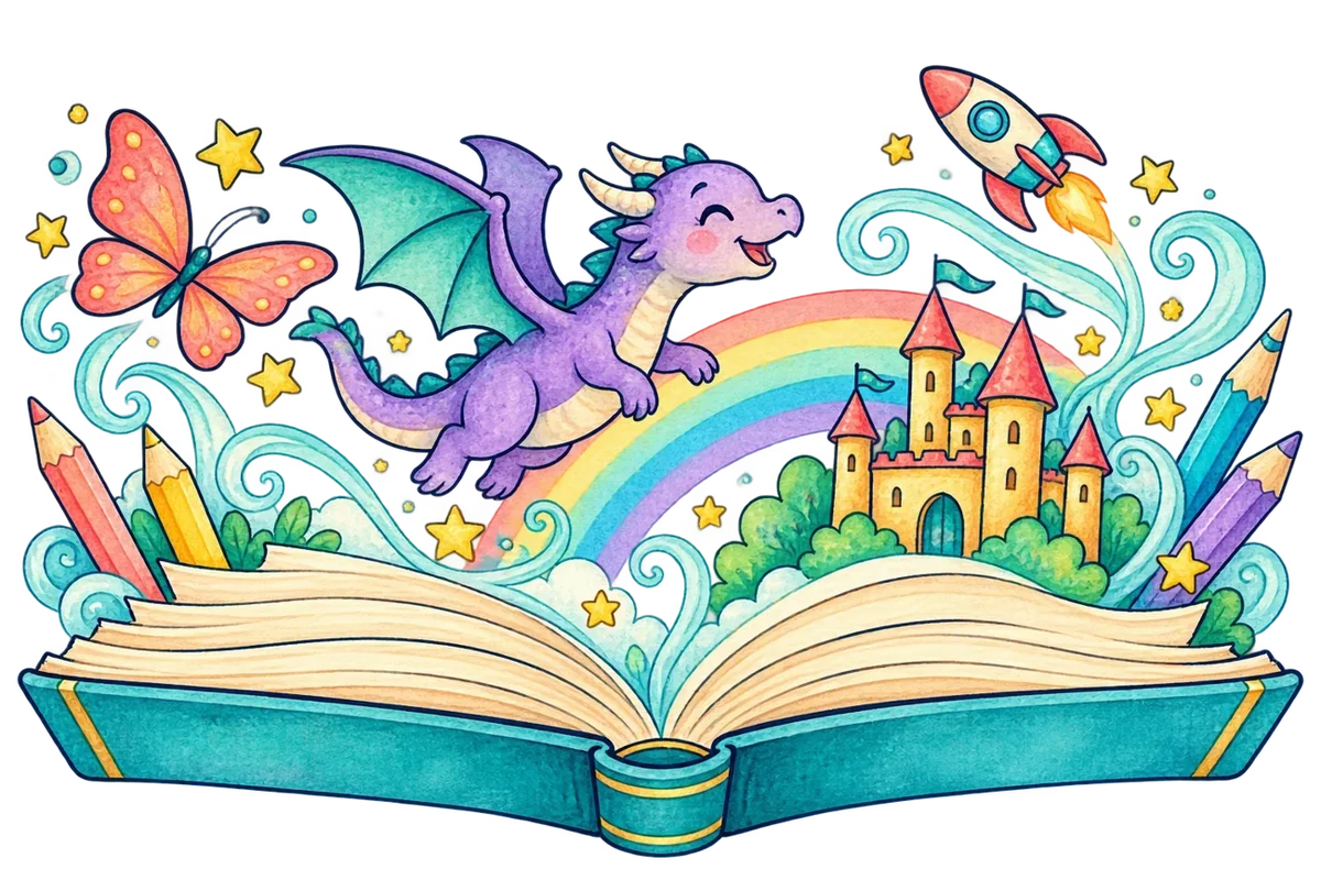 Imagination rising from an open book: a rainbow, dragon, castle, butterfly, and rocket