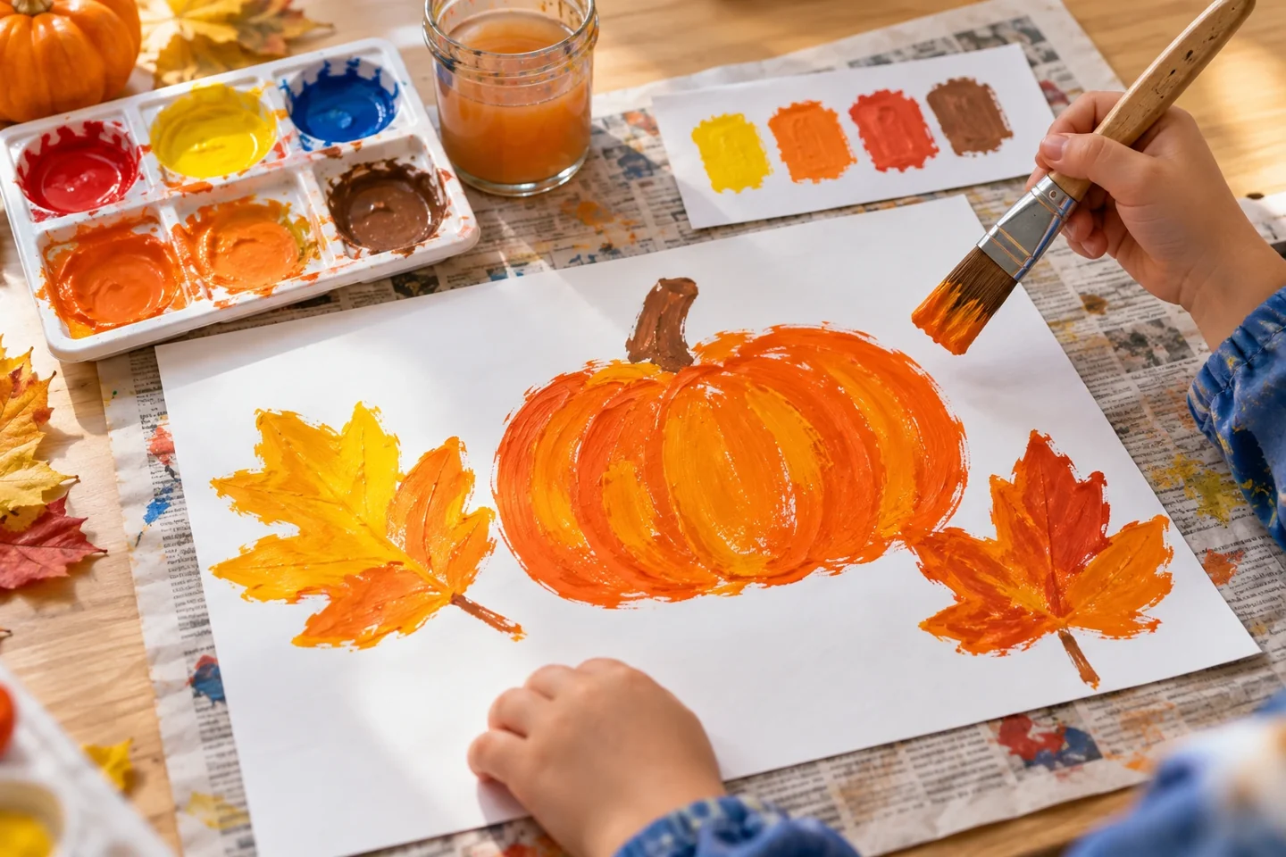 Hands painting a pumpkin and leaf shapes in autumn colors