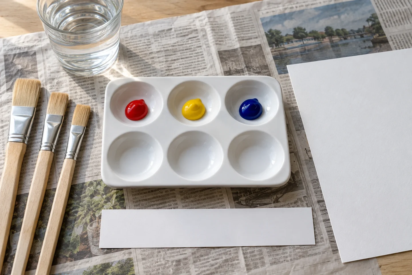 Red, yellow and blue paint portions with three empty mixing wells