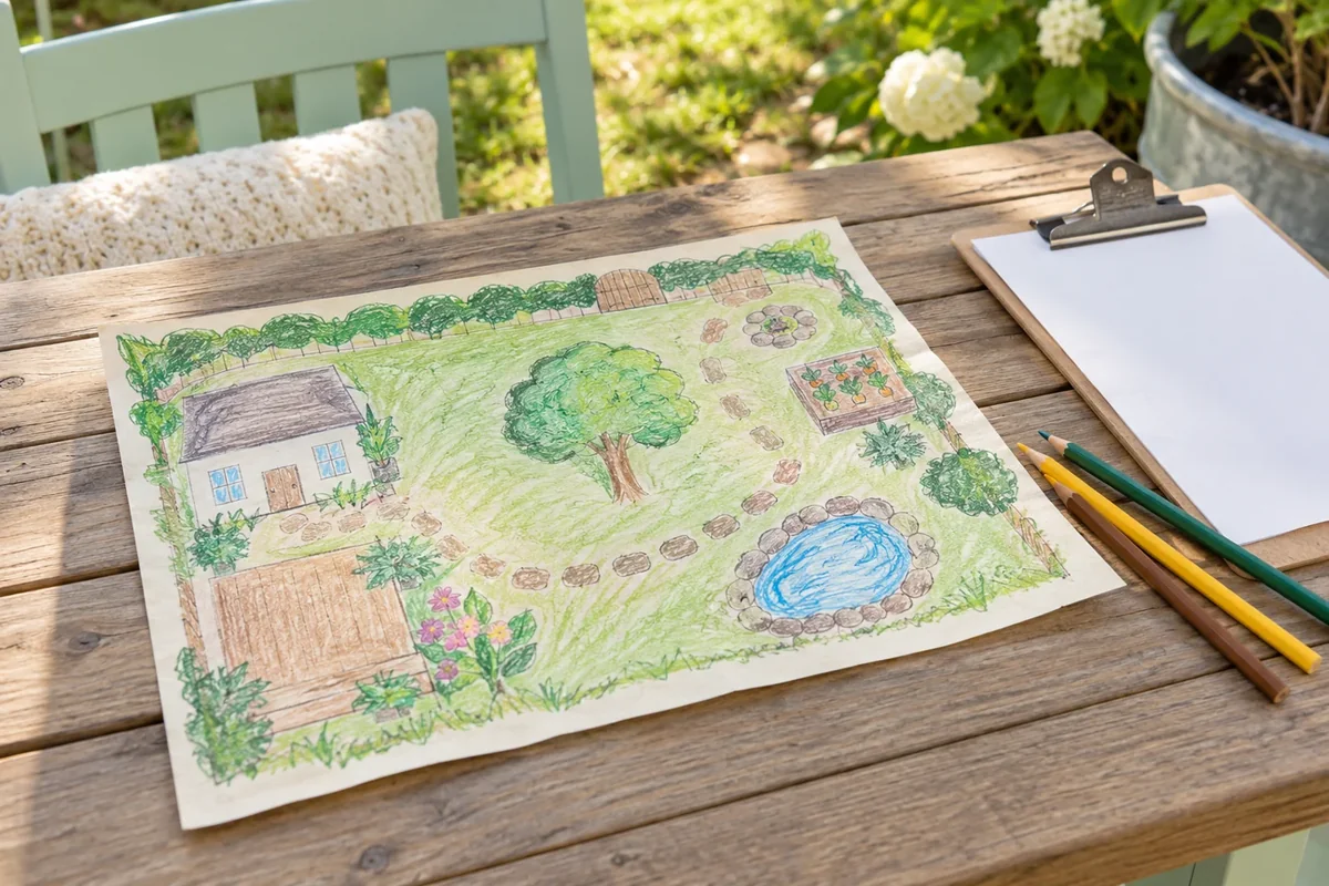 Handmade colorful simple backyard map beside clipboard and pencils on outdoor table.