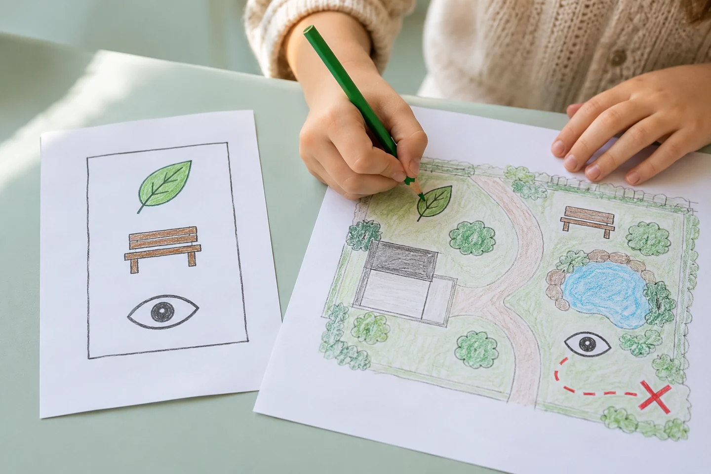 Map key with simple leaf bench eye symbols and nearby map receiving discovery mark.
