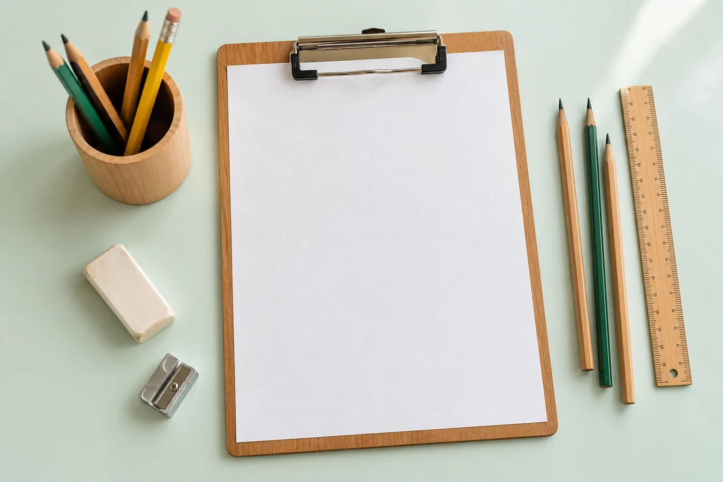 Paper clipboard pencils and simple sketch supplies organized overhead.