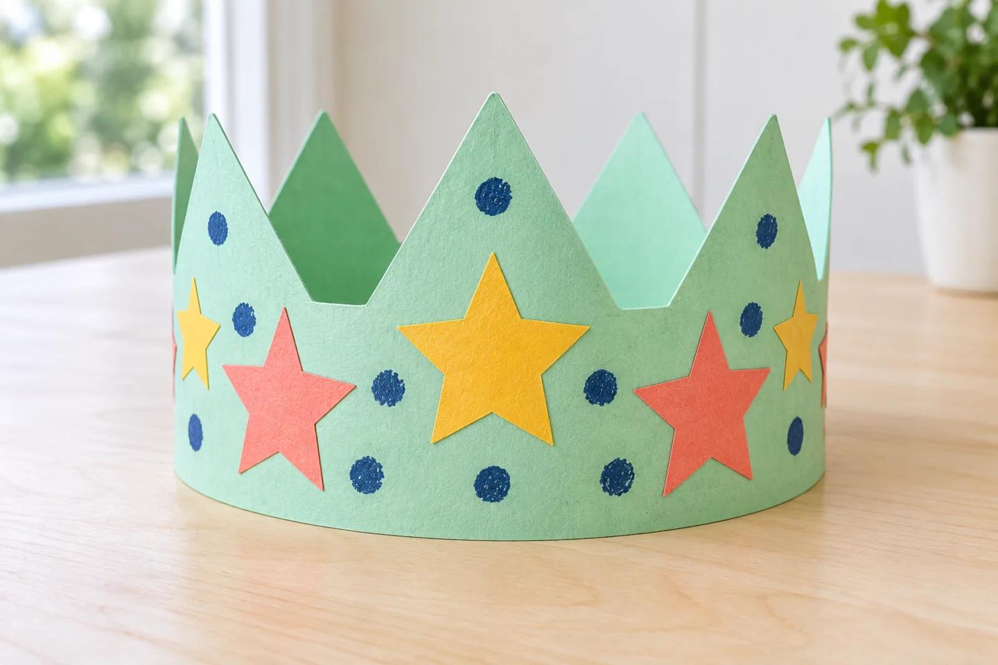 mint paper crown with broad coral and yellow stars