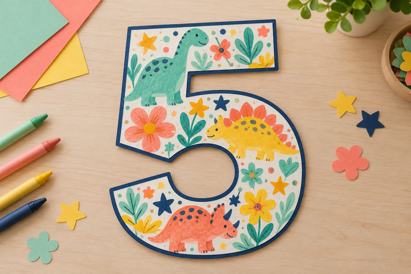 large outlined numeral five filled with childlike dinosaur flower star drawings and mint coral yellow patterns