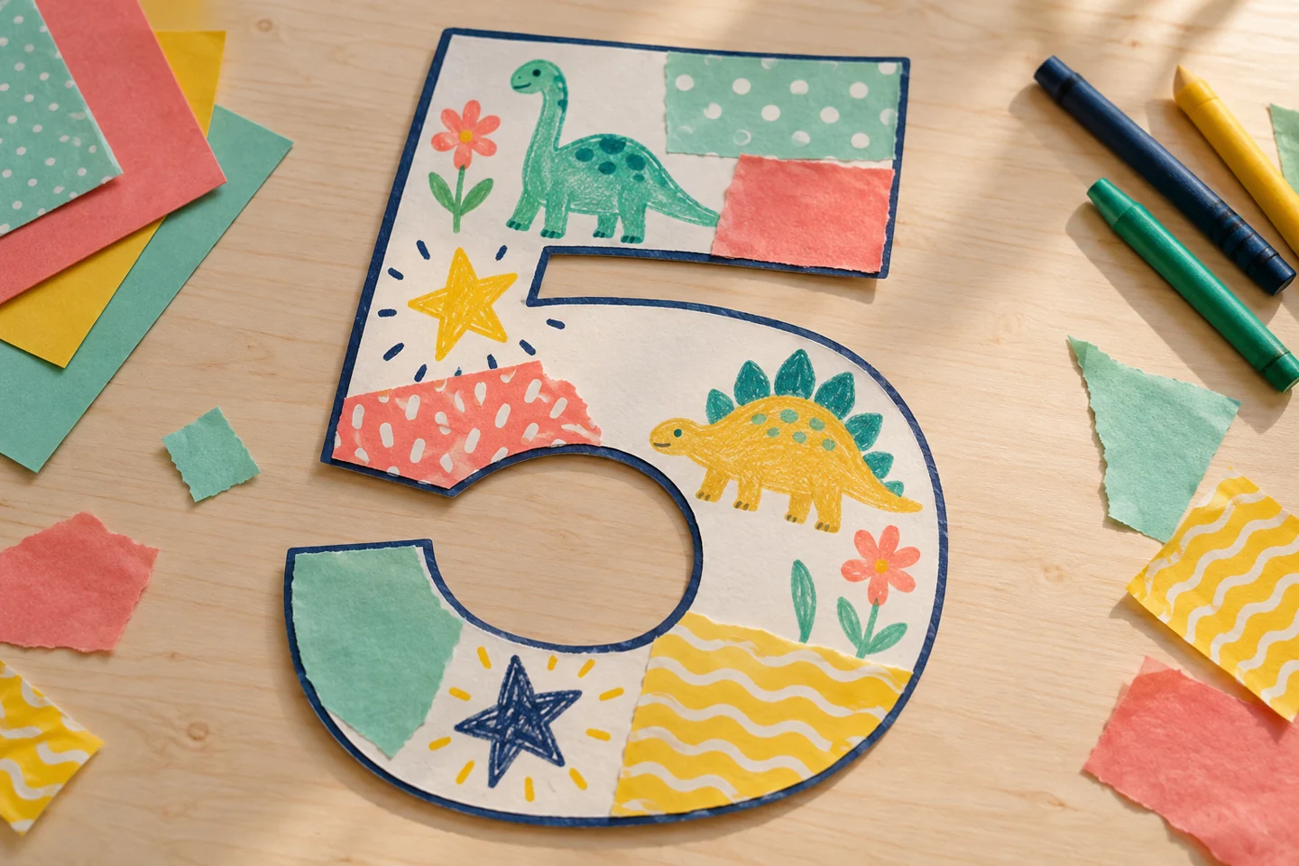 partially filled numeral five with alternating drawings and paper patches