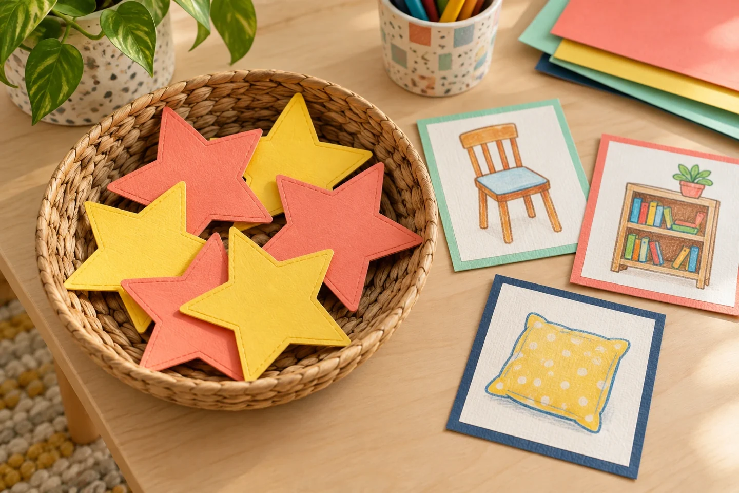 Collected flat stars in a basket beside picture clue cards
