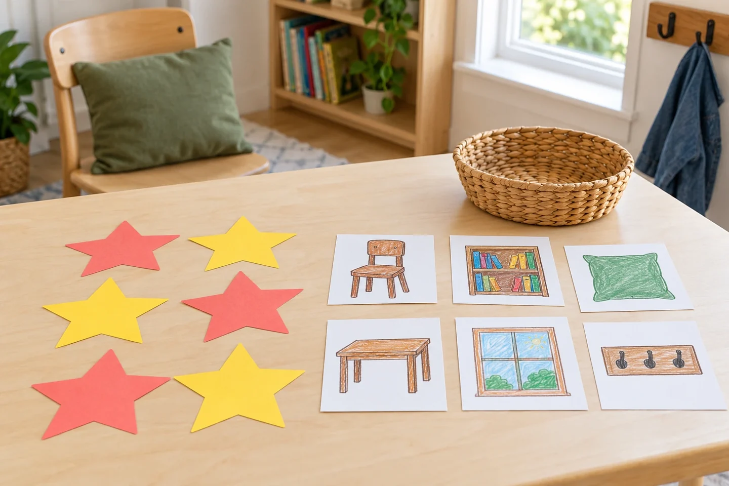 Six flat coral and yellow stars beside six picture clues