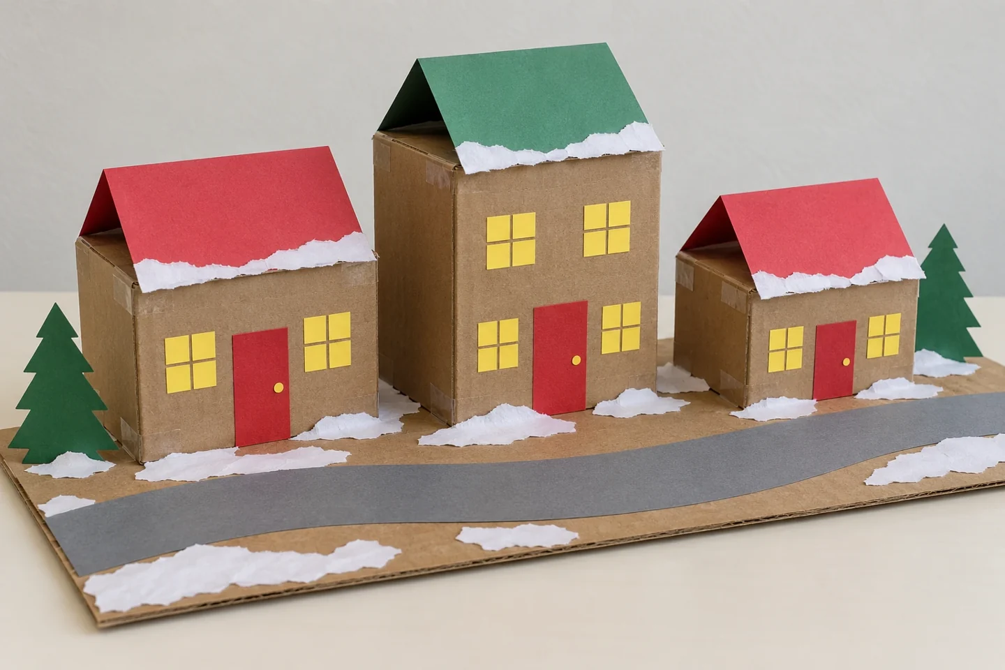 The finished village uses closed boxes, folded roofs and flat paper snow.