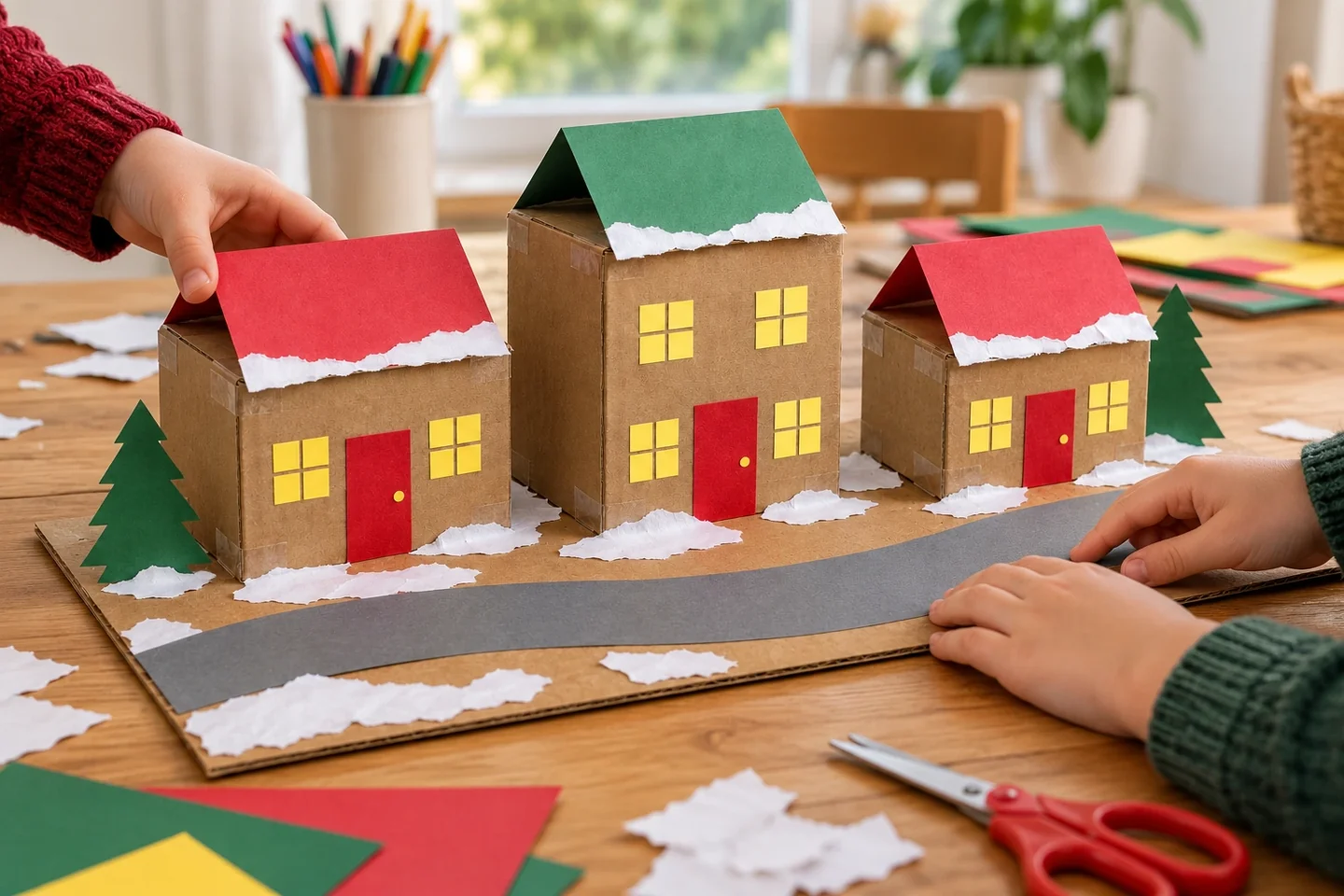 Move the paper road and houses to create a new village story.