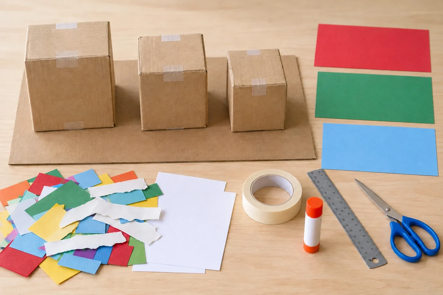 Gather three clean boxes, flat roof sheets, paper scraps and a broad cardboard base.
