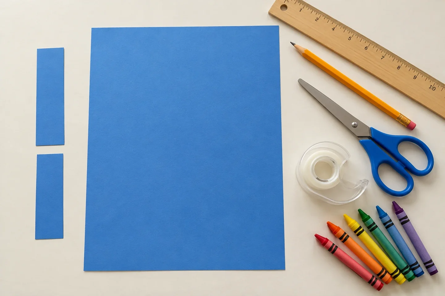 One intact 8-by-10-inch cardstock sheet, ruler pencil scissors tape, two spare cardstock strips and coloring tools, no assembled model