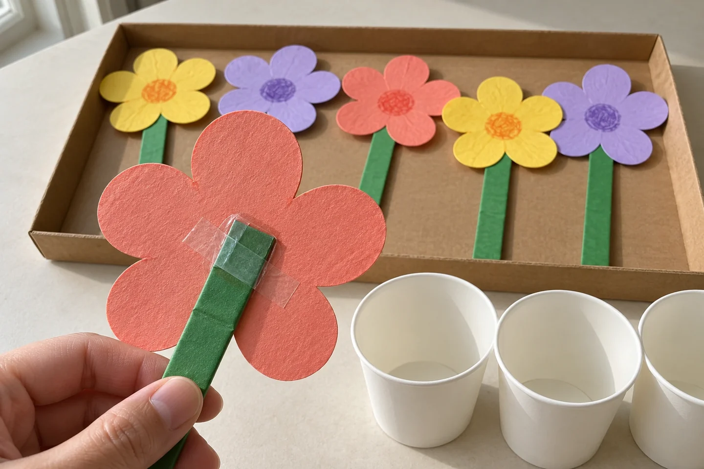 Close view of back of one 7 cm paper flower head overlapping a green-paper-wrapped cardboard stem by 2 cm