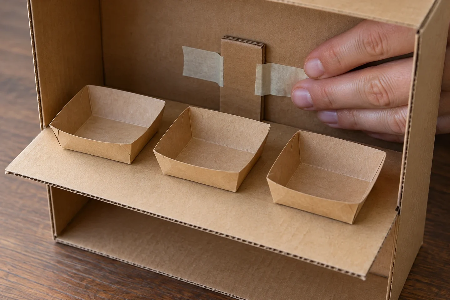 The counter’s upright tab is taped inside the box while empty trays test the shelf.