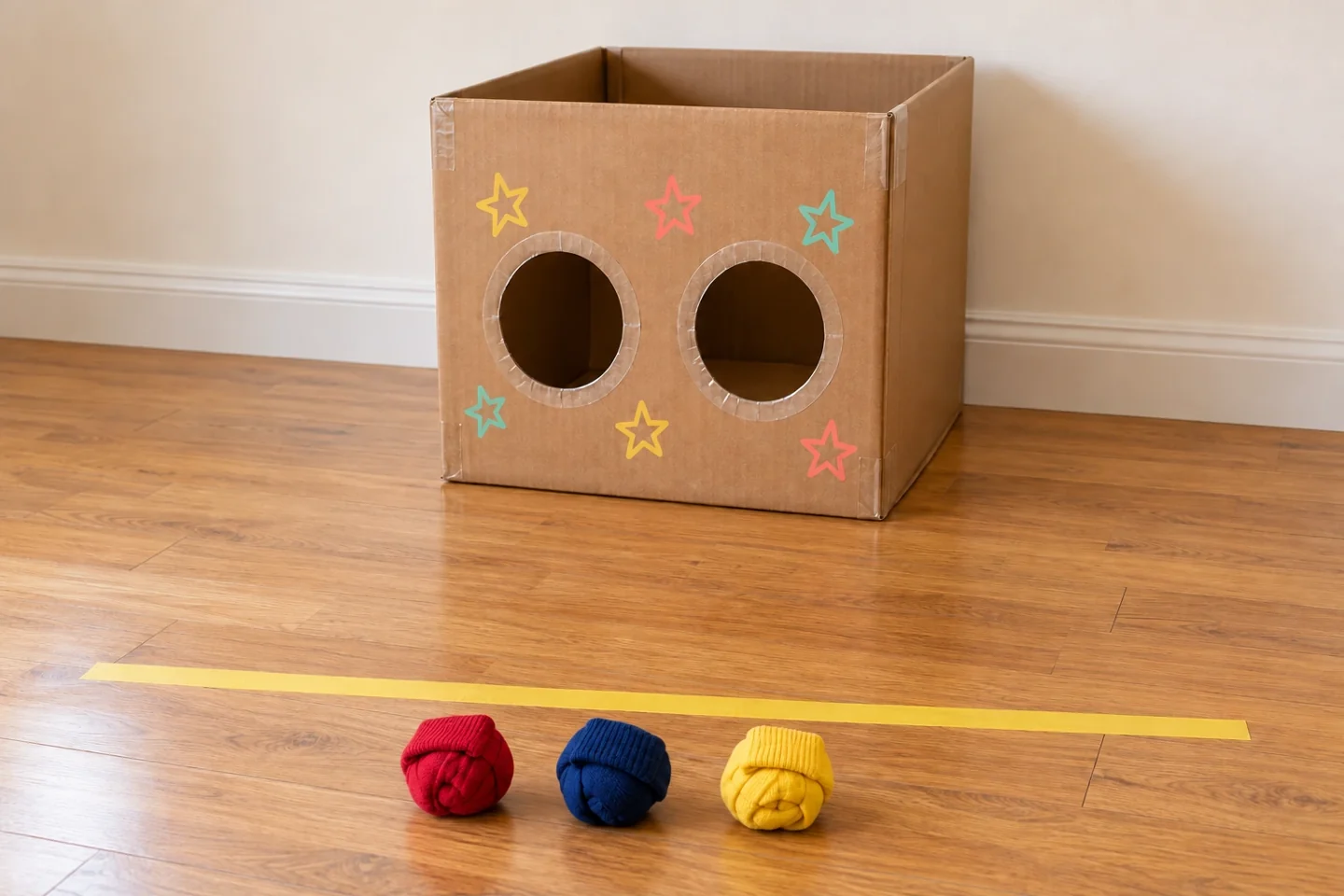 Decorated cardboard target against a clear indoor wall, two circular openings and a yellow throwing line three feet away, three rolled sock balls in play area, no crowd